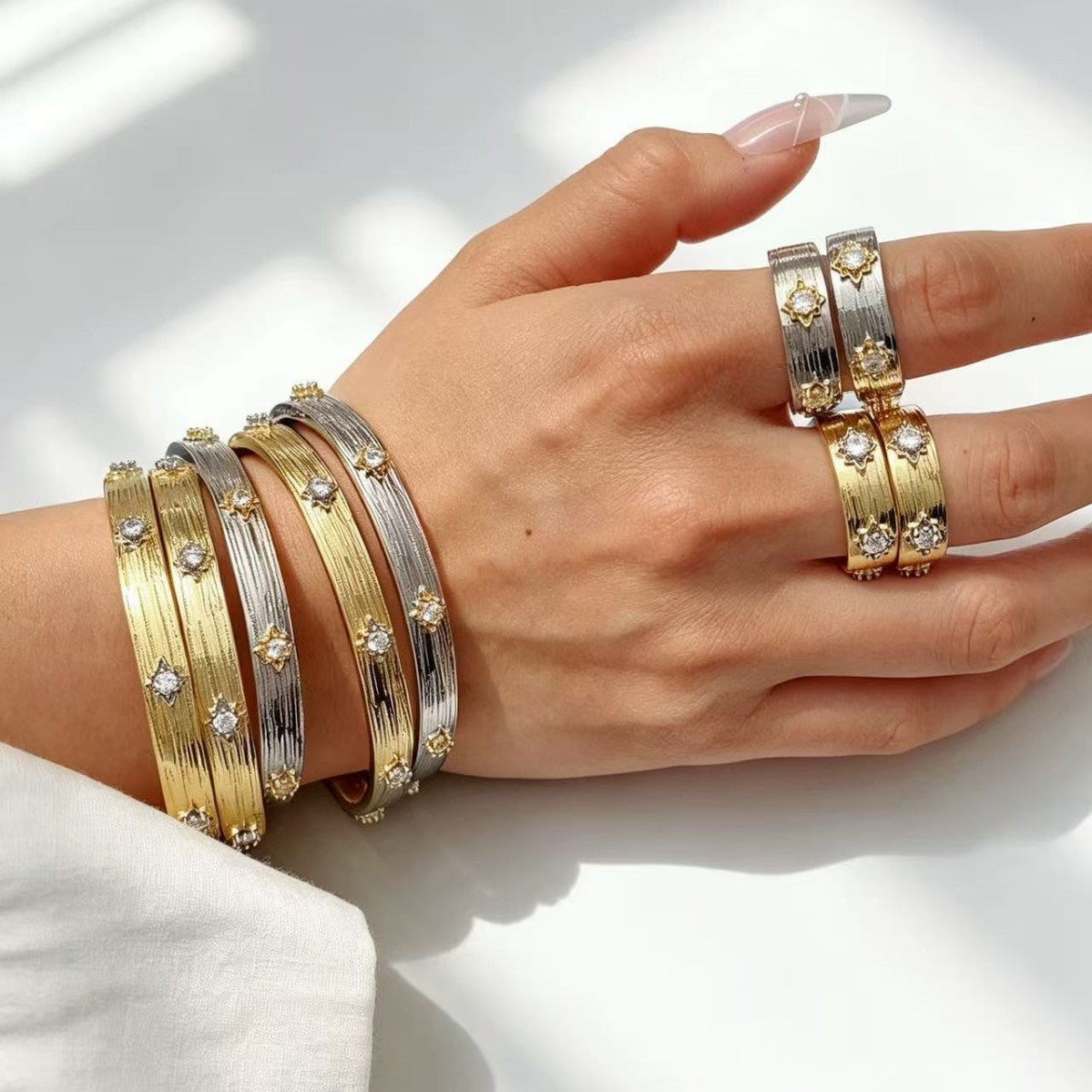 Designer Dual Tone Gold Silver CZ Copper Textured Bracelet Ring Set Bulk