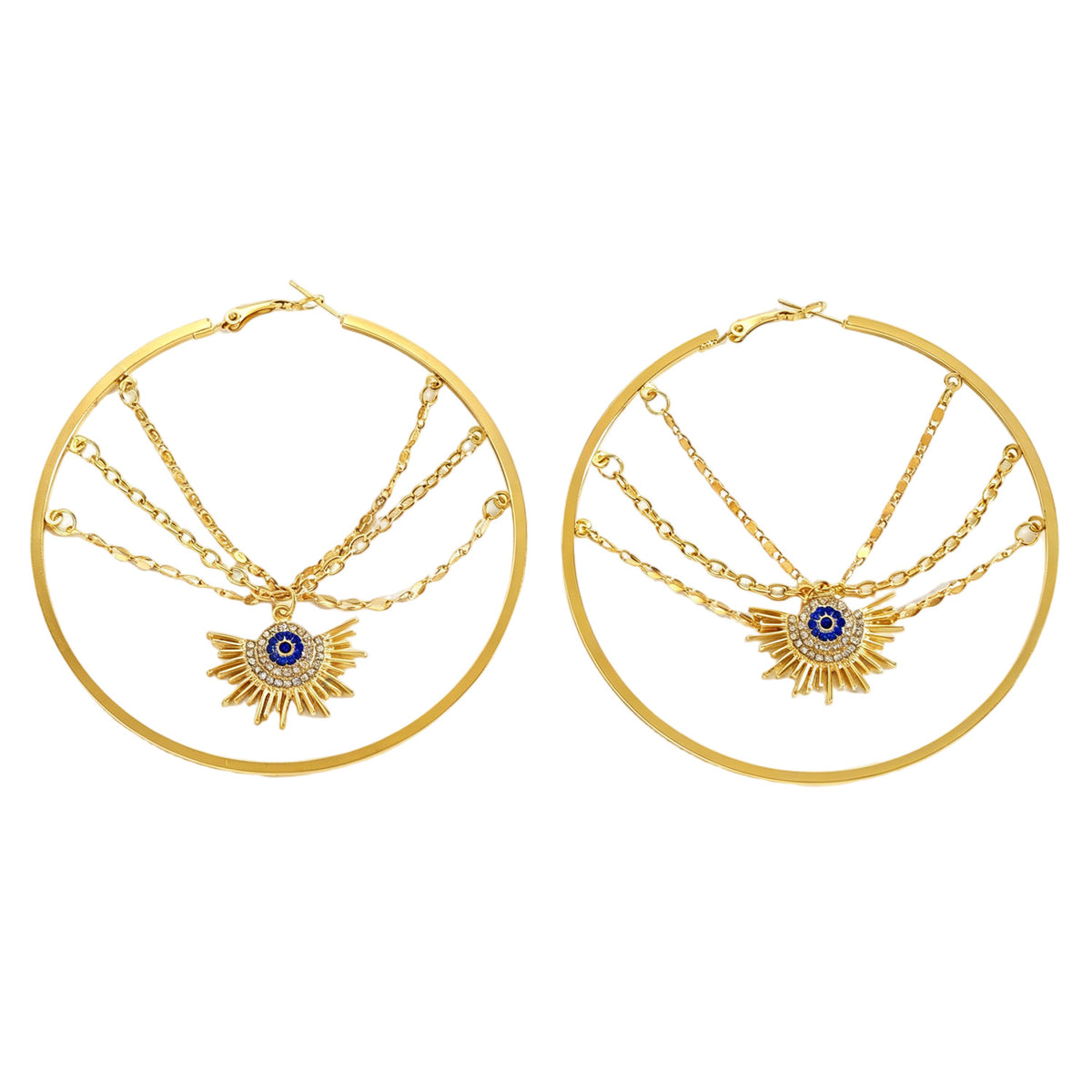 Designer Evil Eye Sunburst Gold Plated CZ Copper Hoop Earrings Bulk