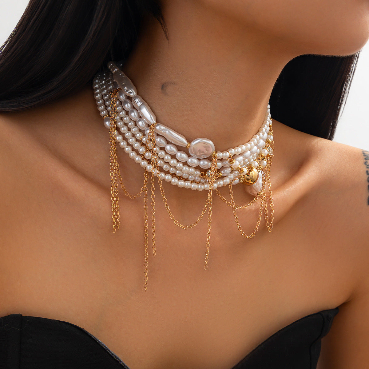 Multi Pearl Layer Link Chain 18K Gold Choker Necklace For Women Bulk
