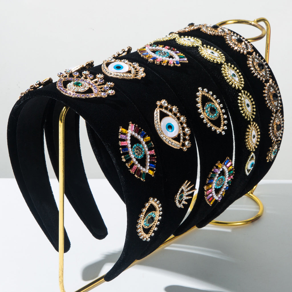 Evil Eye Eyelashes Black Gold Rhinestone Cubic Zirconia Headband Hair Band Accessories For Women
