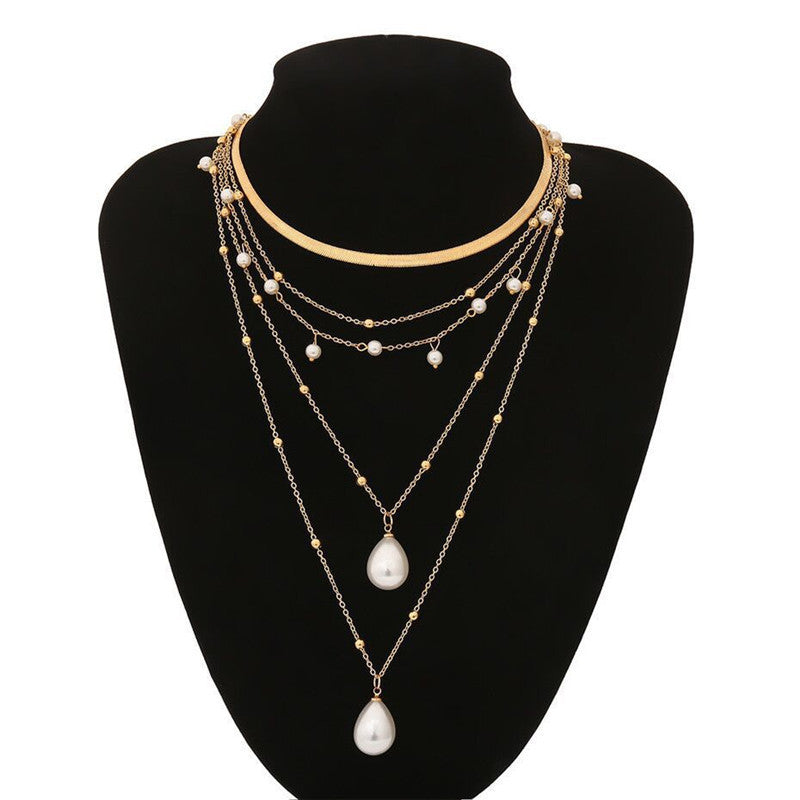 Drop White 18K Gold Anti Tarnish Pearl Layer Link Chain Anti Tarnish Necklace For Women