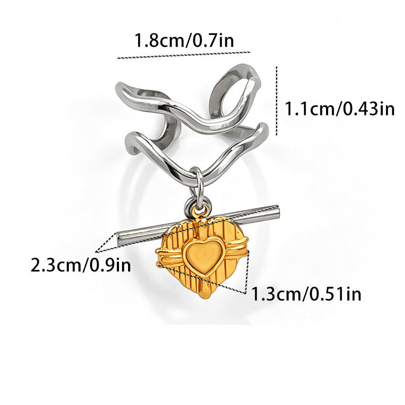 Silver stainless steel heart-shaped charm with a wavy top loop and a gold-plated heart pendant, shown with dimension labels and text specifying color as 18K Gold and material as Stainless Steel.