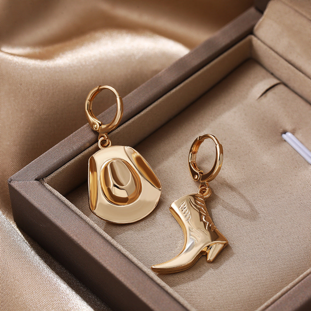Trendy Western Boot & Hat Design Gold Plated Hoop Earrings Wholesale