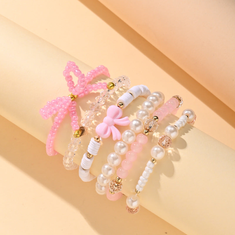 Pink Layered Stretchable Bow Charm Gold Plated Crystal Bracelet Bulk
