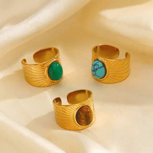 Multi Gemstone 18K Gold Turquoise Tiger Eye Pearl Anti Tarnish Stainless Steel Band Ring For Women Main image