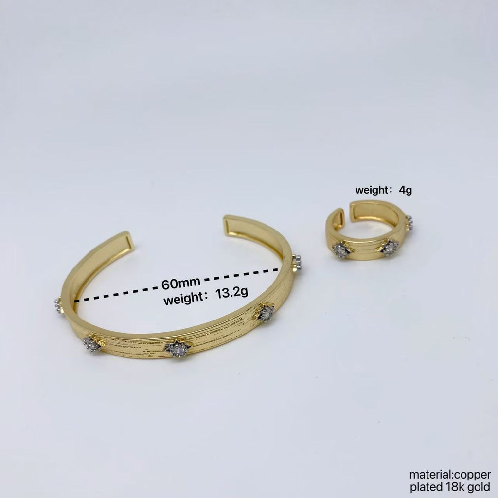 Designer Dual Tone Gold Silver CZ Copper Textured Bracelet Ring Set Bulk