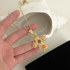 Designer Multi Color Stone Cross Pendant Gold CZ Copper Necklace Bulk