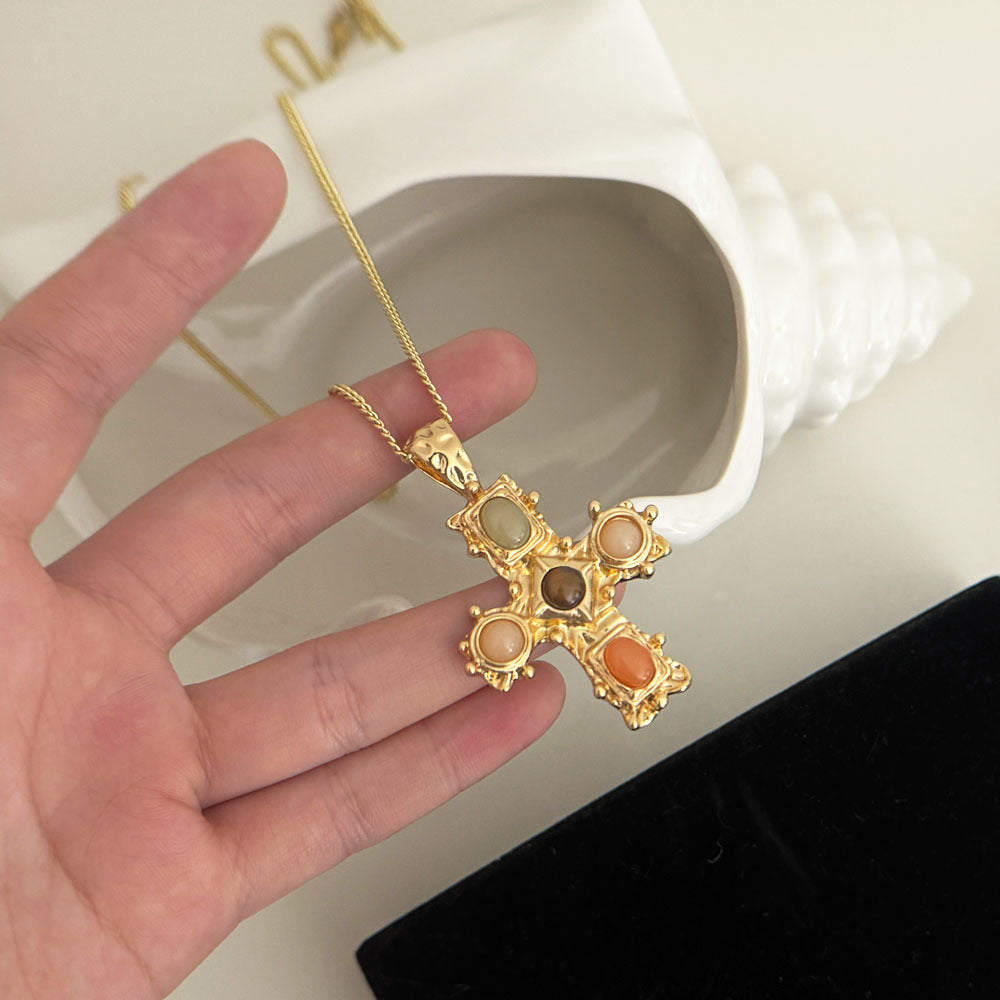 Designer Multi Color Stone Cross Pendant Gold CZ Copper Necklace Bulk