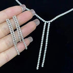 Long Silver Solitaire CZ Anti Tarnish Y Necklace Earring Bulk