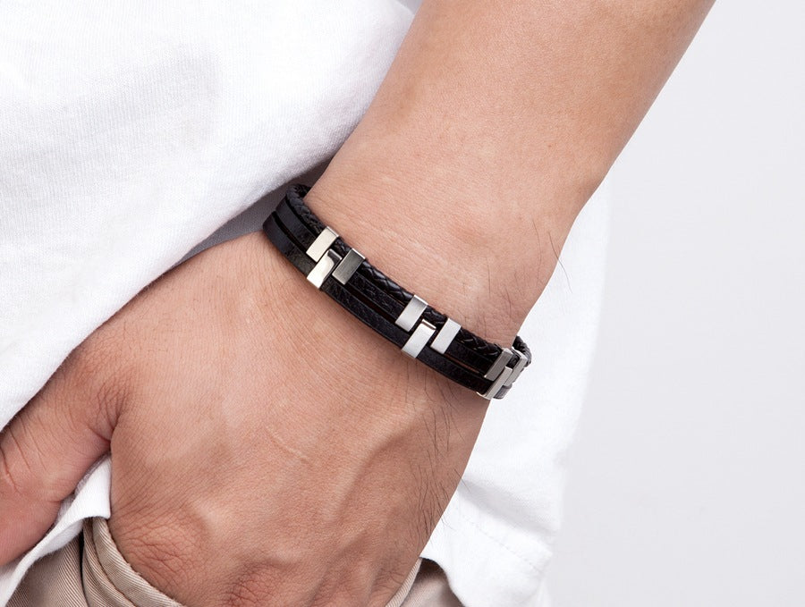 Layer Black Brown Blue Silver Leather Stainless Steel Bracelet Bulk