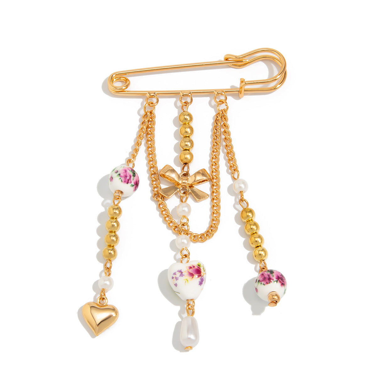 Vintage Safety Pin & Ceramic Charm Gold Beads Brooch For Women Bulk