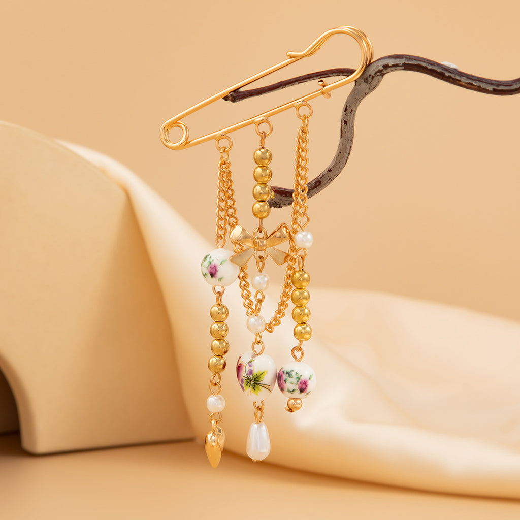Vintage Safety Pin & Ceramic Charm Gold Beads Brooch For Women Bulk