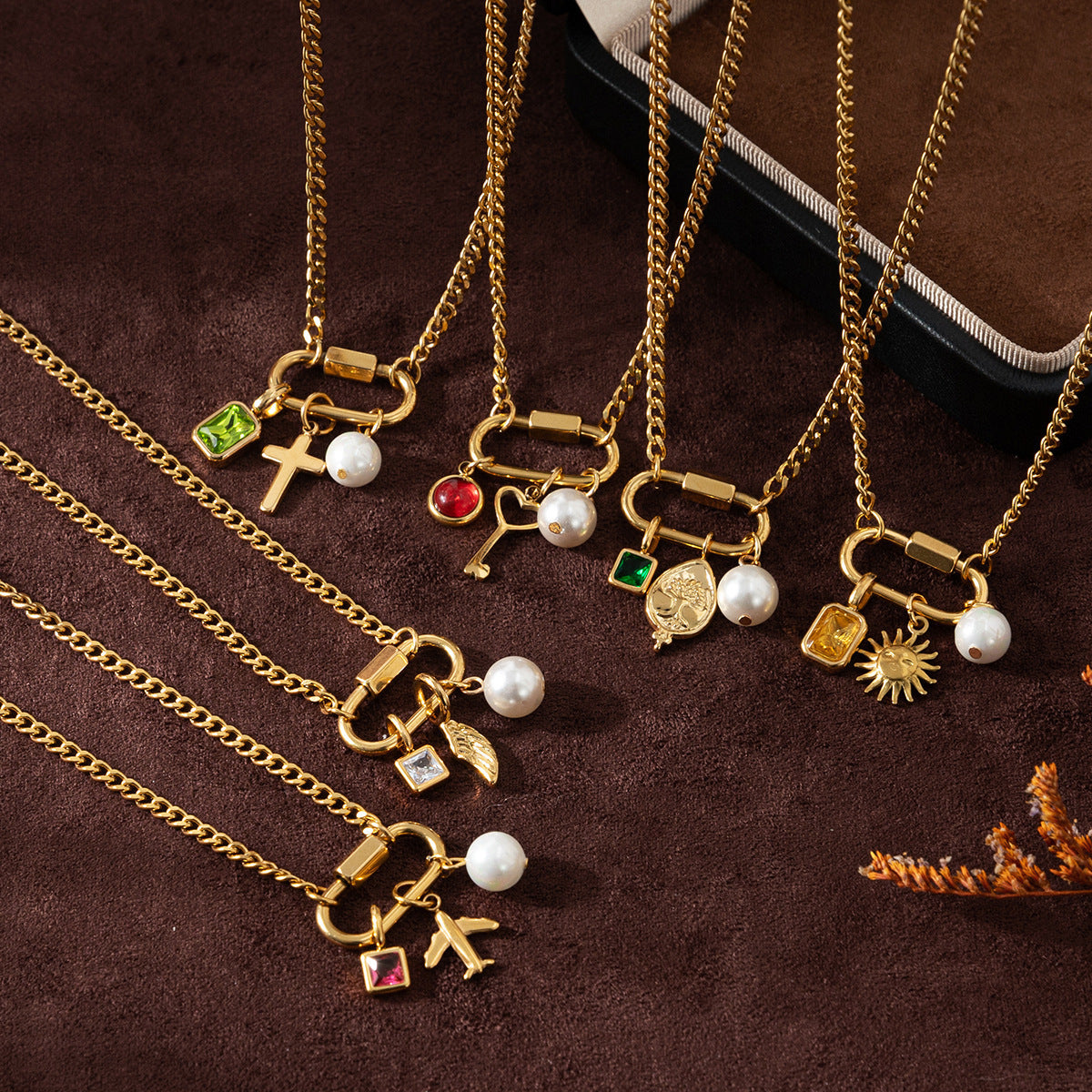 Multi Color Trendy Carabiner Charm Gold Plated CZ Copper Necklace Bulk Main image