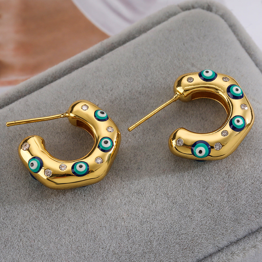 Evil Eye 18K Gold Blue Enamel Anti Tarnish Hoop Earring For Women