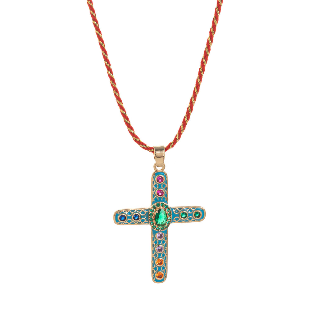 Cross Rosary Prayer Crystal Enamel 18K Gold Thread Anti Tarnish Necklace Pendant For Women