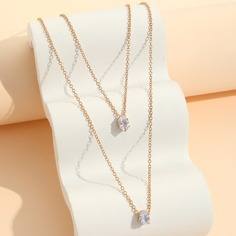 Oval Drop Solitaire 18K Gold Plated Cubic Zirconia Anti Tarnish Dual Layer Chain Necklace For Women Main image