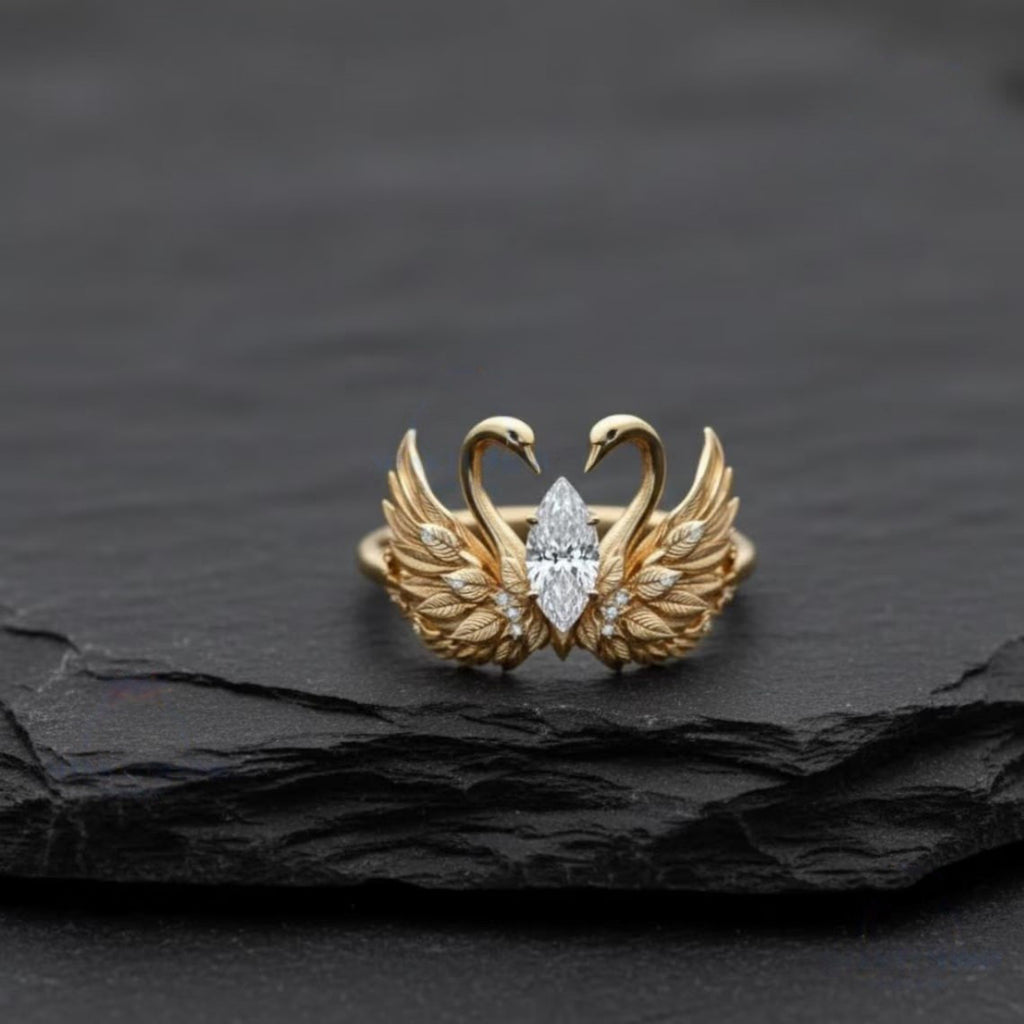 Gold Twin Swan Cubic Zirconia Copper Size Ring For Women Bulk