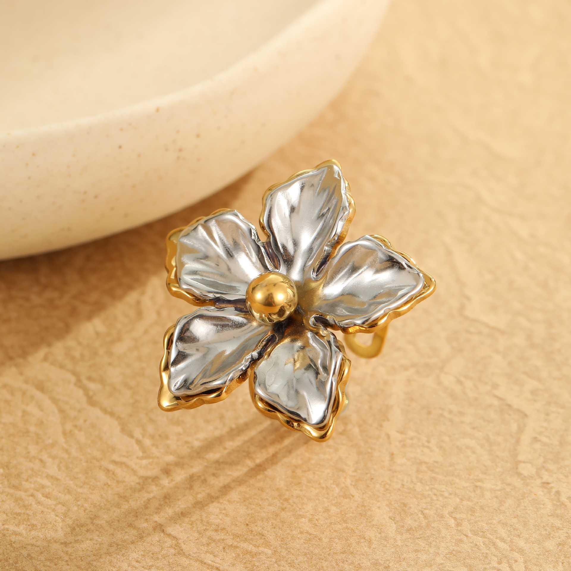 Flower Gold Silver Stainless Steel Anti Tarnish Adjustable Ring Bulk