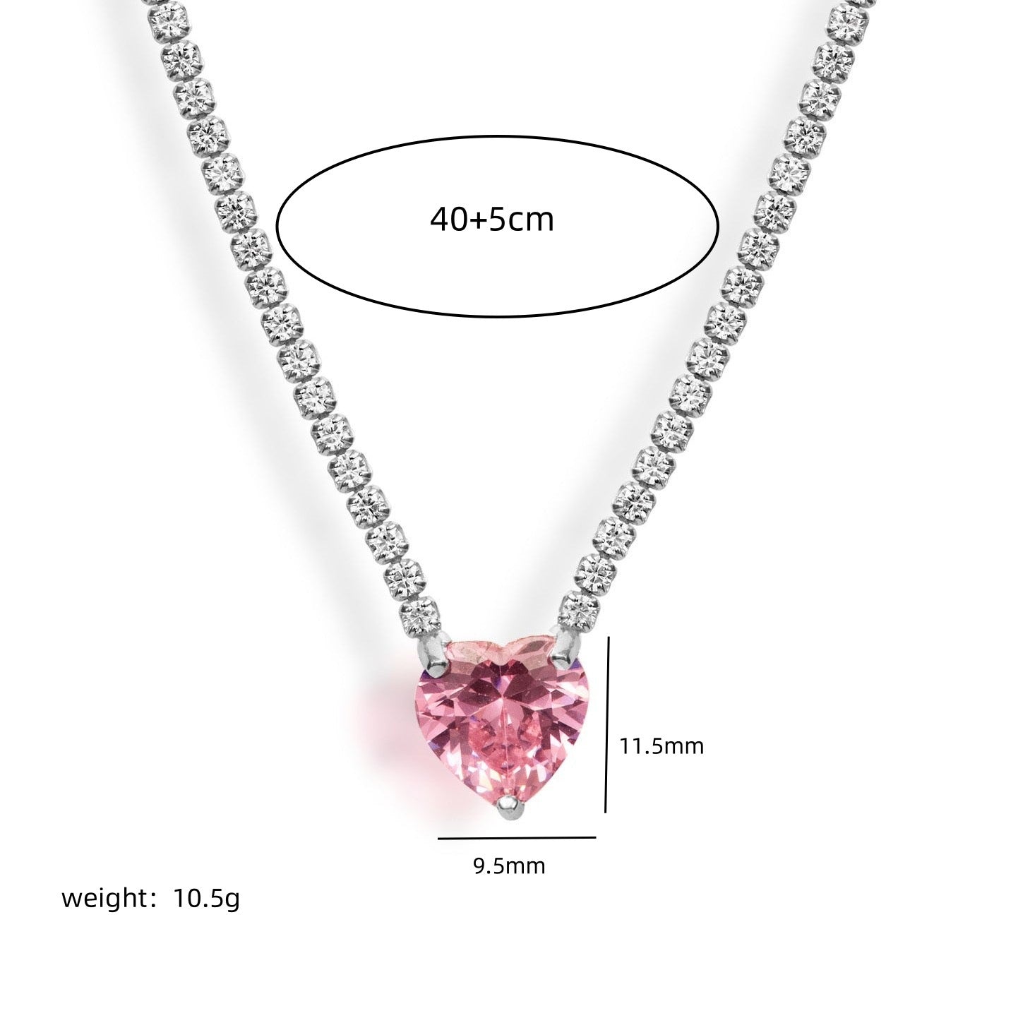 Heart Solitaire Silver Pink Cubic Zirconia Crystal Stainless Steel Anti Tarnish Necklace Chain For Women