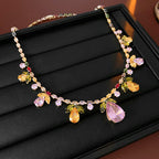 Drop Leaf Solitaire Crystal Pink Orange Anti Tarnish Necklace Earring Set For Women
