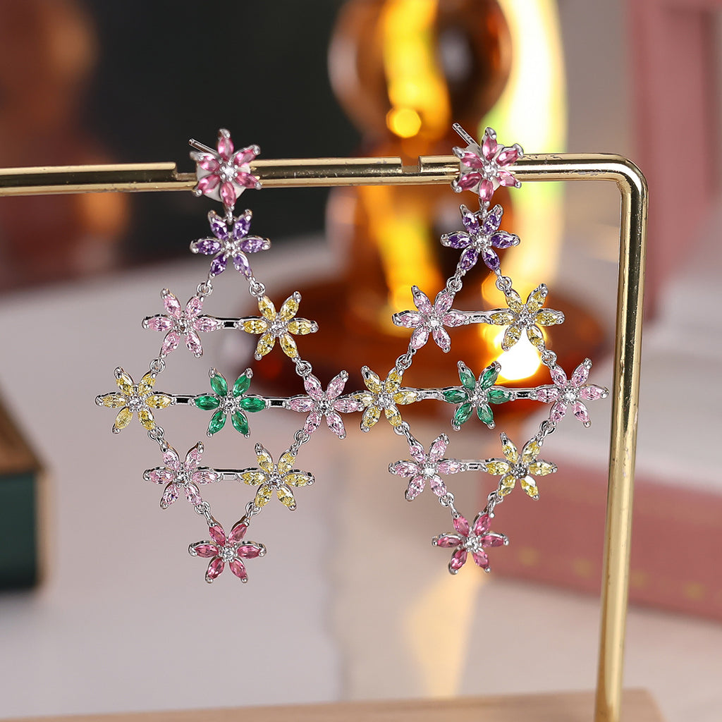 Multi Color Floral Silver CZ Anti Tarnish Copper Dangler Earrings Bulk