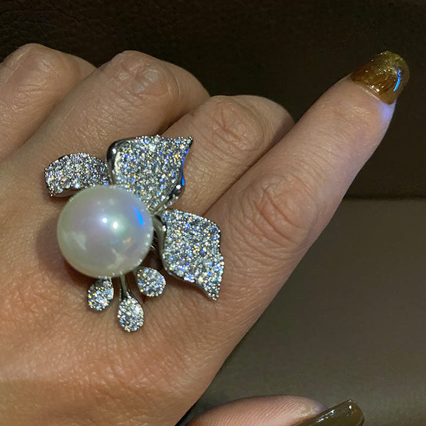 Bulk Bow Flower Silver CZ Pearl Copper Adjustable Cocktail Ring Secondary image