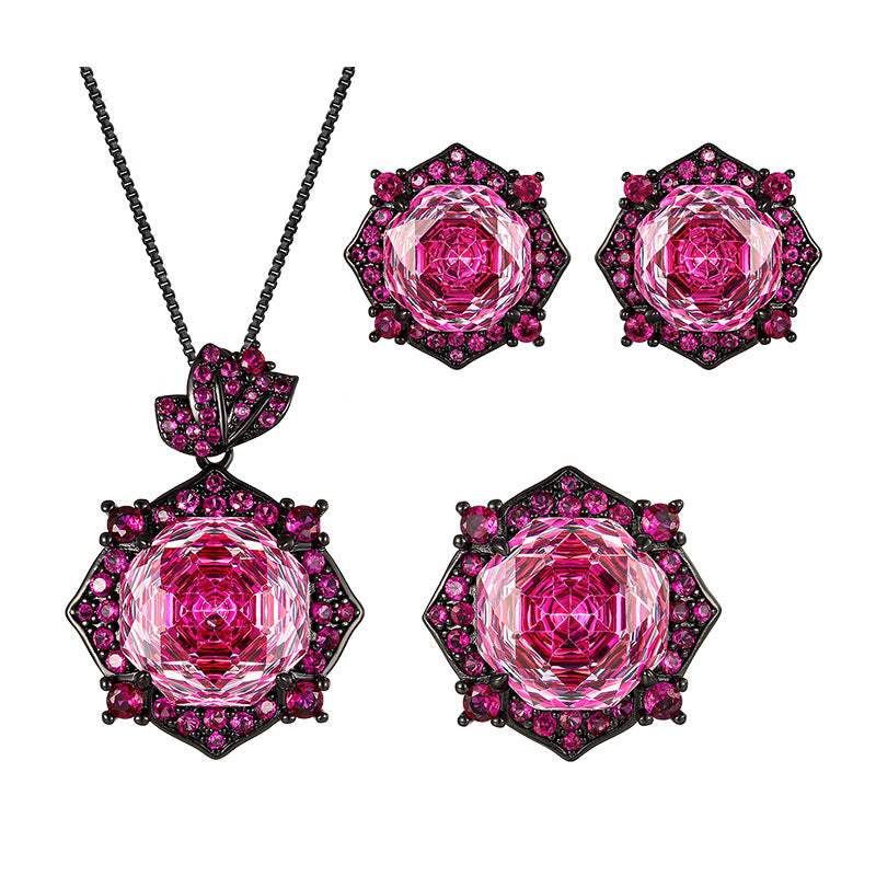 Rose Crystal Green Pink Black Pendant Earring Ring Set For Women Bulk