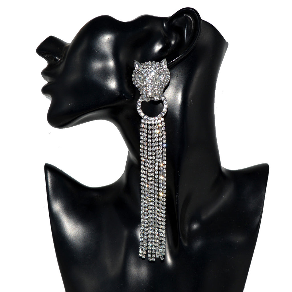 Long Panther Cubic Zirconia Silver Dangler Tassel Earring Women Bulk
