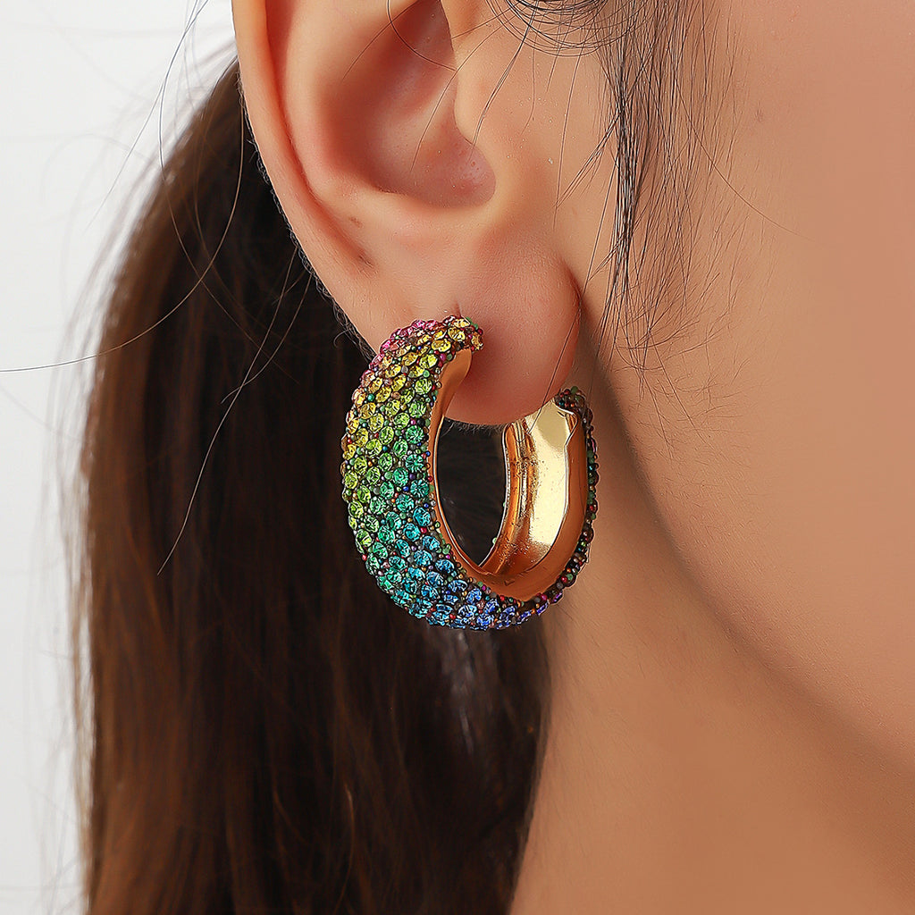 Rainbow Crystal Gold Multi Anti Tarnish Hoop Dangler Earring Bulk