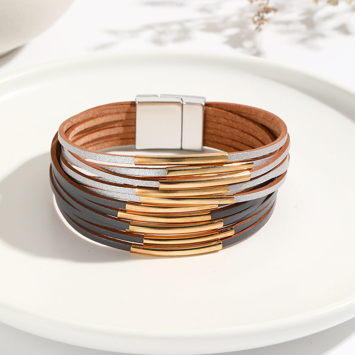 Black Grey 18K Gold Leather Multi-Layer Wrist Band Bracelet Women Bulk Main image