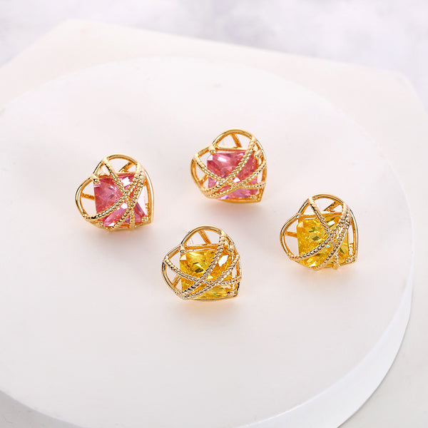 Fashion Heart Frame Gold Plated CZ Anti Tarnish Copper Stud Earrings Bulk Secondary image