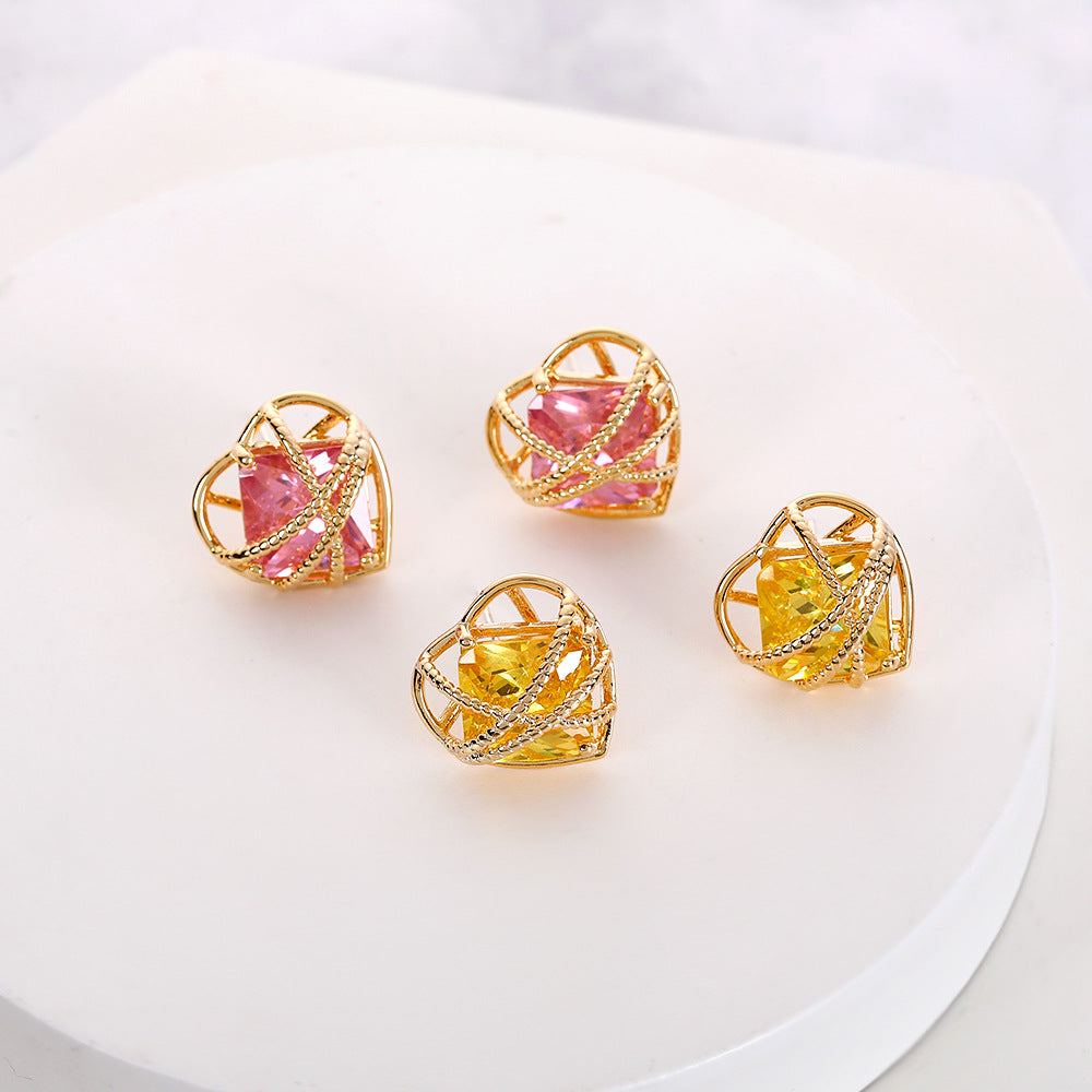 Fashion Heart Frame Gold Plated CZ Anti Tarnish Copper Stud Earrings Bulk
