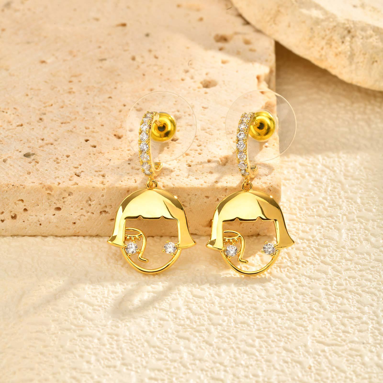 Wholesale Modern Face Art Gold Plated CZ Stainless Steel Drop Earrings