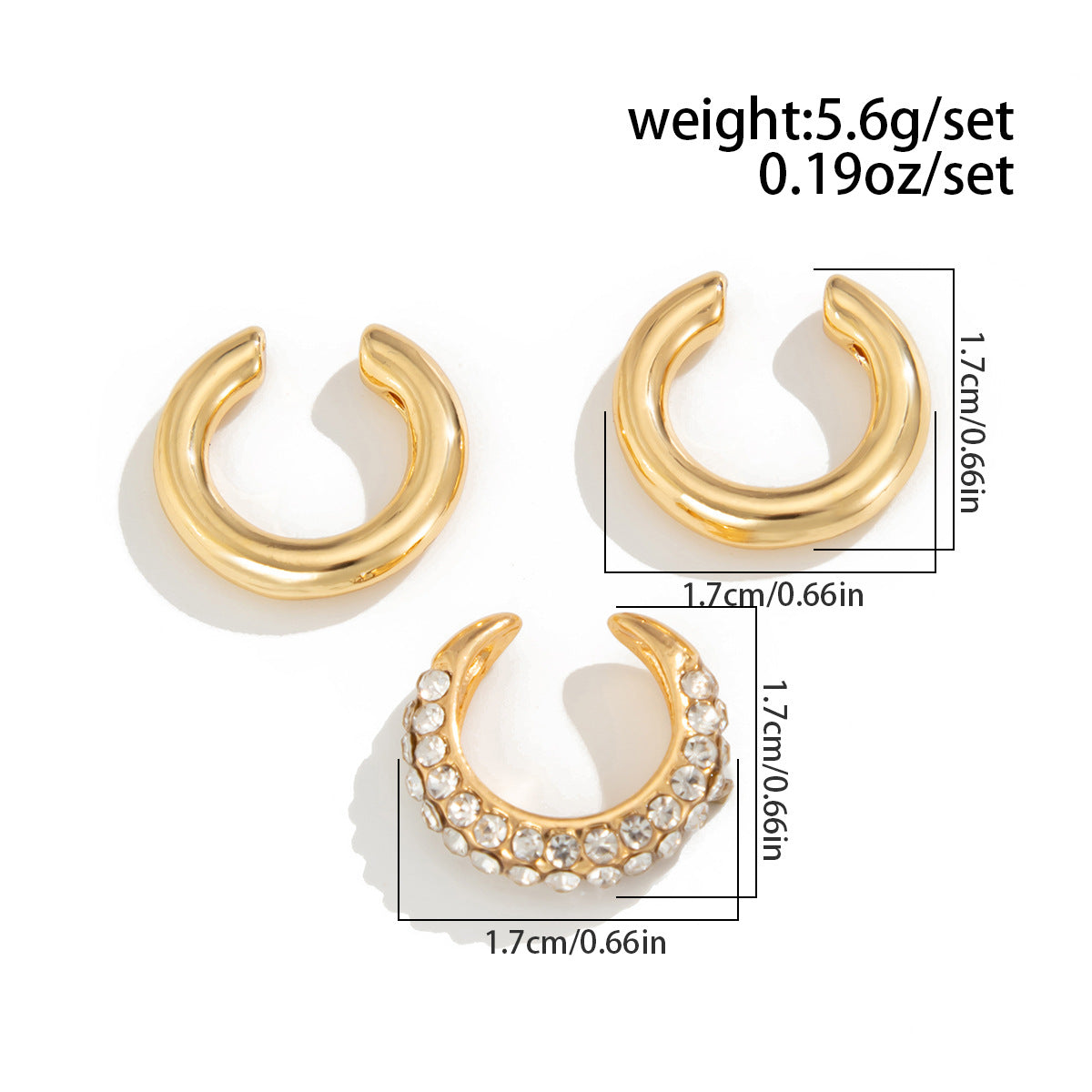 Studded 18K Gold Rhinestone Ear Cuff Earring Combo Pack Of 3 Bulk