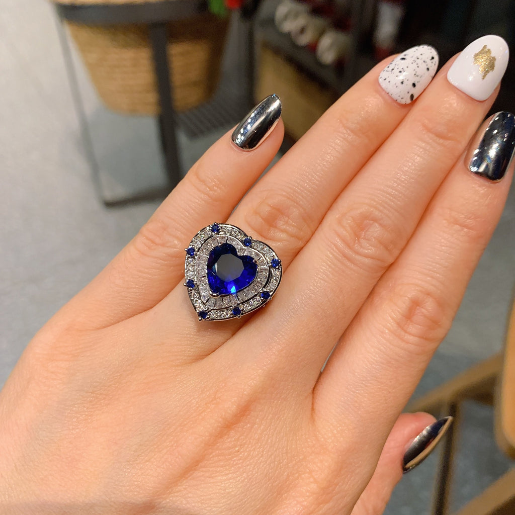 Heart Love Blue Silver Anti Tarnish Free Size Ring For Women Bulk