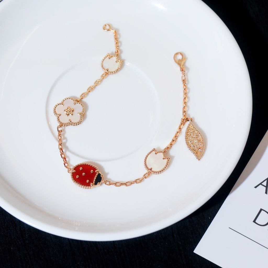 Lady Bug Clover Leaf Mother Of Pearl 18K Gold Charm Link Chain Bracelet For Women