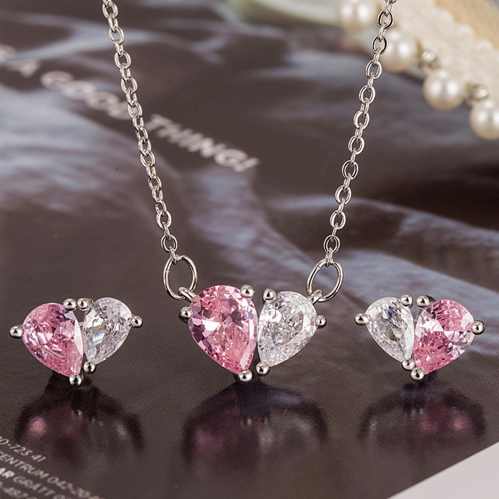 Heart Cut Pink & White Gold Silver CZ Copper Necklace Earring Set Bulk