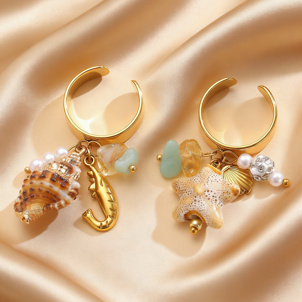 Beach Style Shell & Starfish Charm Gold Beads Pearl Copper Ring Bulk