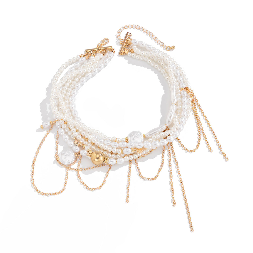 Multi Pearl Layer Link Chain 18K Gold Choker Necklace For Women Bulk