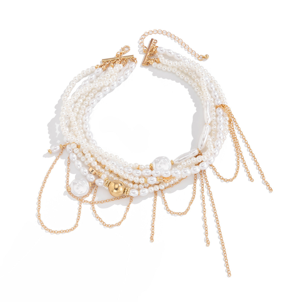 Multi Pearl Layer Link Chain 18K Gold Choker Necklace For Women Bulk