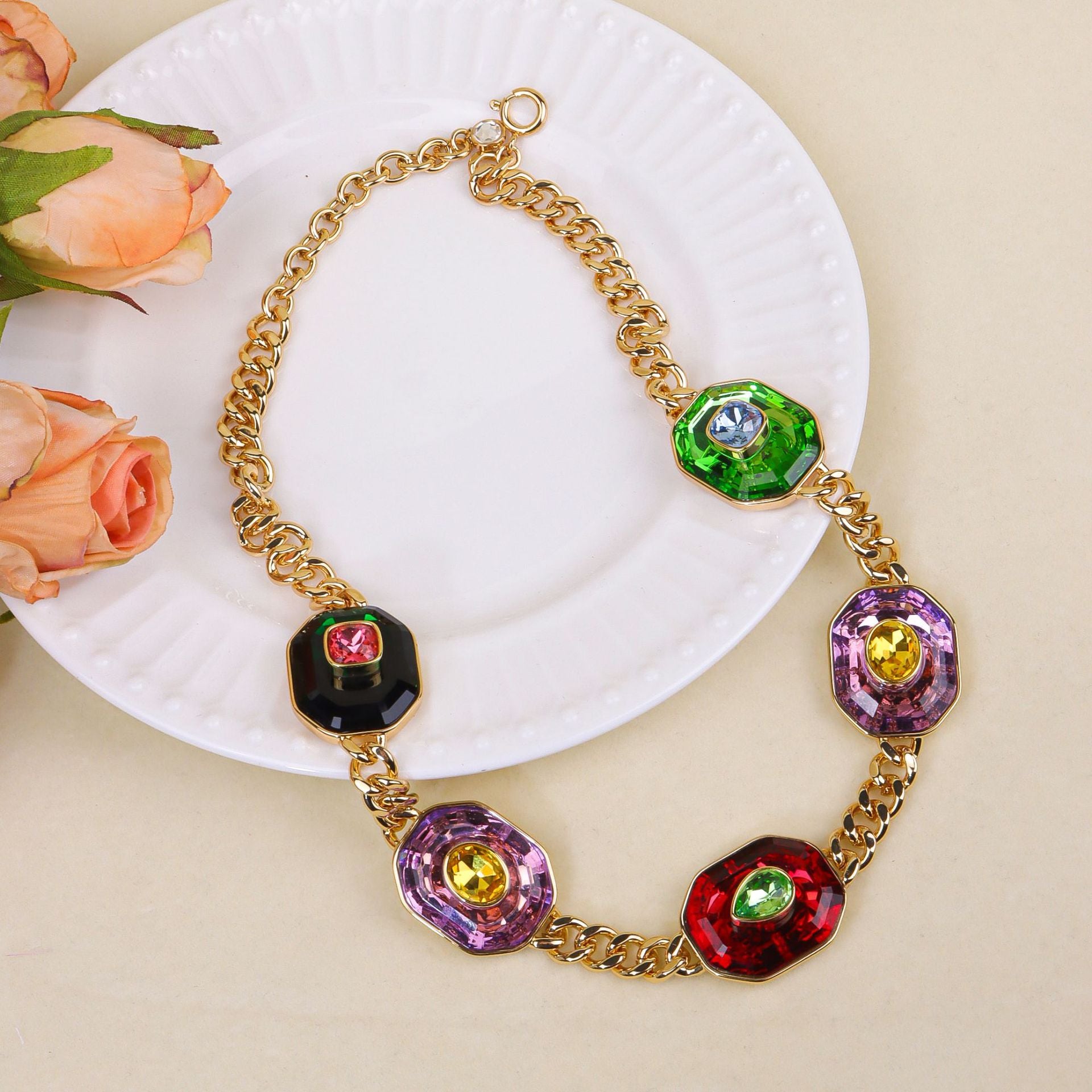 Multi Color Designer Chunky Chain Gold CZ Copper Necklace Combo Set Bulk