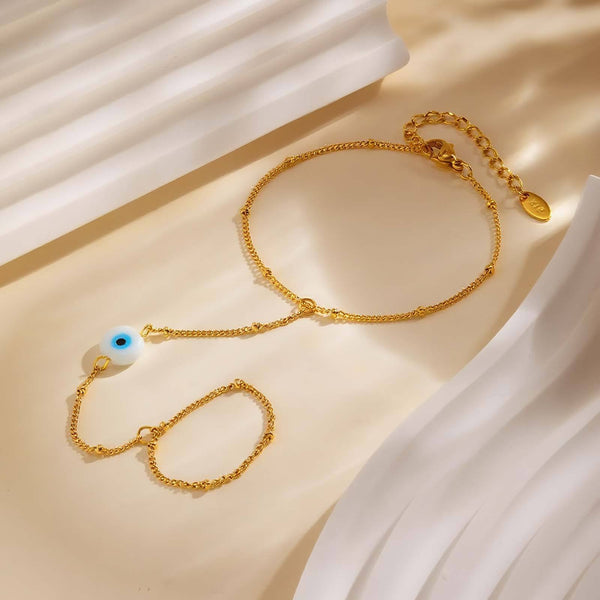 Bulk White Evil Eye Hand Chain Gold Beads Stainless Steel Ring-Bracelet Main image