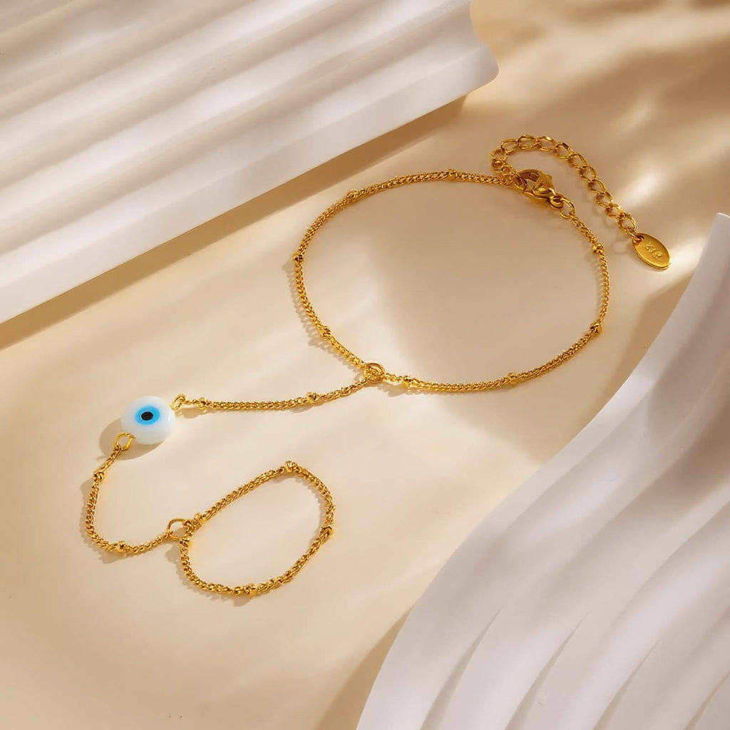 Bulk White Evil Eye Hand Chain Gold Beads Stainless Steel Ring-Bracelet