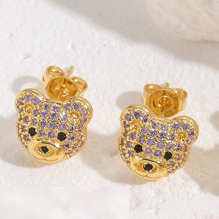 Teddy Bear 18K Gold CZ Multi Gemstone Anti Tarnish Stud Earring Bulk