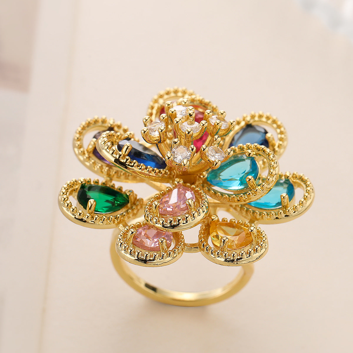 Flower Rainbow Solitaire On Surface Gold CZ Anti Tarnish Ring Bulk Secondary image
