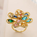 Flower Rainbow Solitaire On Surface Gold CZ Anti Tarnish Ring Bulk