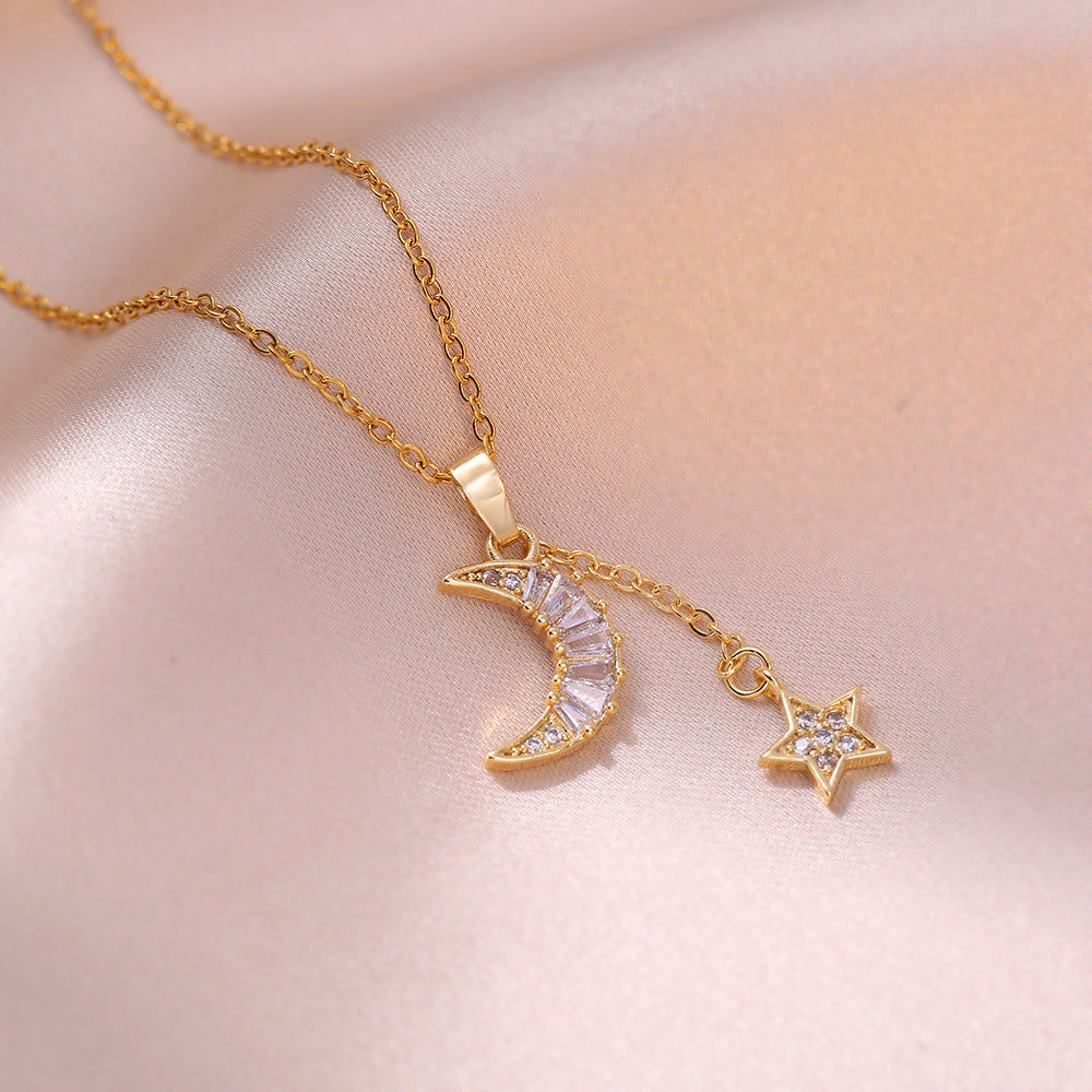 Moon Star 18K Gold Stainless Steel Baguette CZ Necklace Chain Bulk