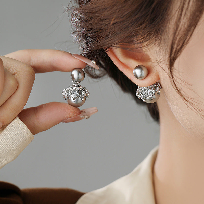 Designer Double Pearl Silver Plated CZ Copper Stud Earrings Bulk