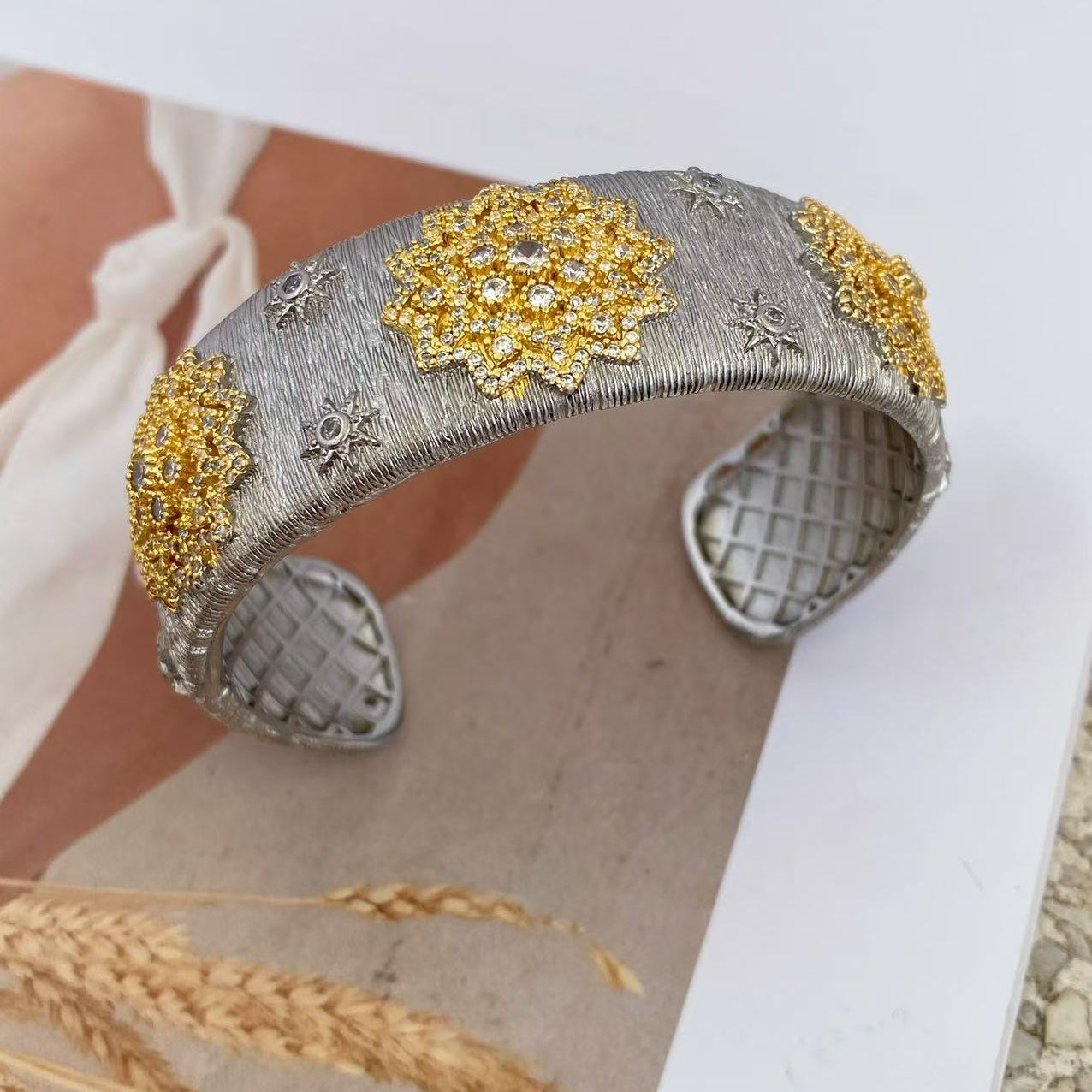 Flower CZ 18K Gold Silver Adjustable Cuff Bracelet Band Ring Bulk