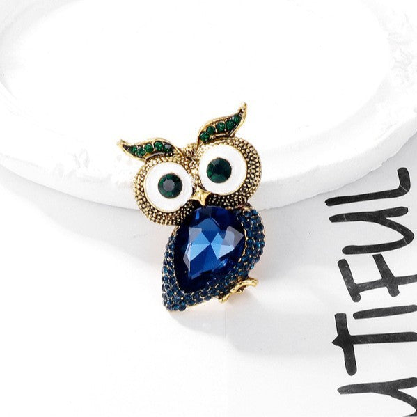 Red Blue Owl Gold Cubic Zirconia Copper Brooch For Women Bulk